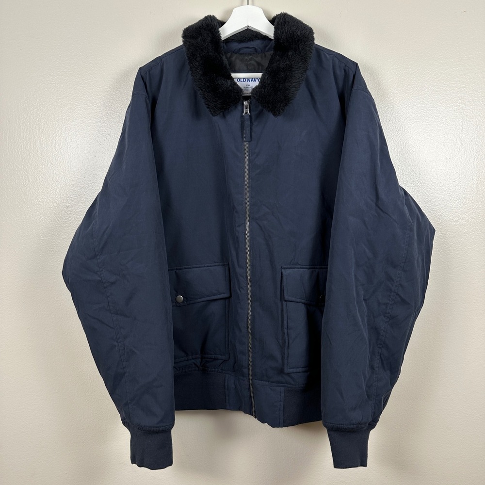 Old Navy Men's XXL Bomber Jacket Navy Blue Aviator Faux Fur Collar‎ NEW
